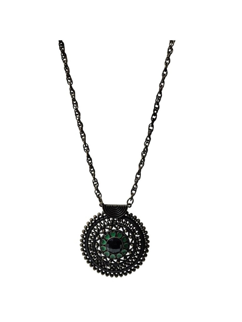 Vintage Antique Bronze Medallion Necklace Green Heart Accents Black Center Stone